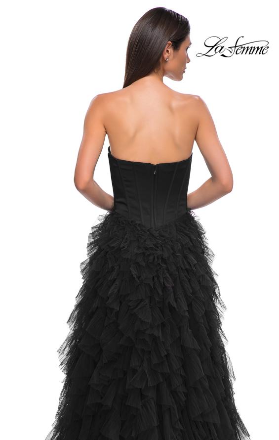 Picture of: Prom Dress with Tulle Ruffle Skirt and Satin Corset Top in Black , Style 32760, Detail Picture 11