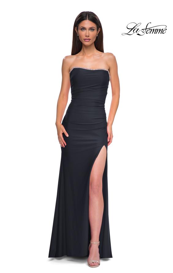 Picture of: Strapless Jersey Dress with Lace Up Back and Rhinestone Neckline in Black , Style 32931, Detail Picture 11