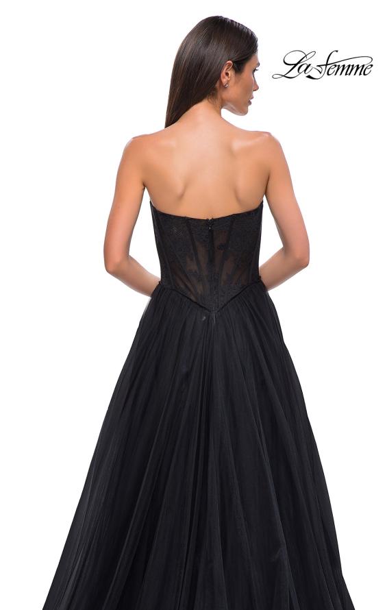 Picture of: A-line Tulle Gown with Lace Corset Bodice and Slit in Black , Style 32579, Detail Picture 12