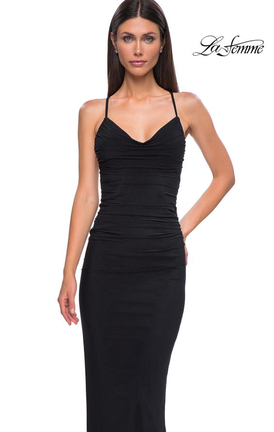 Picture of: Fitted Ruched Net Jersey Dress with Low Back in Black , Style 32834, Detail Picture 13