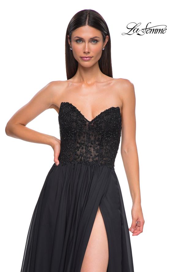 Picture of: Chiffon Gown with High Slit and Strapless Lace Top in Black , Style 32804, Detail Picture 14