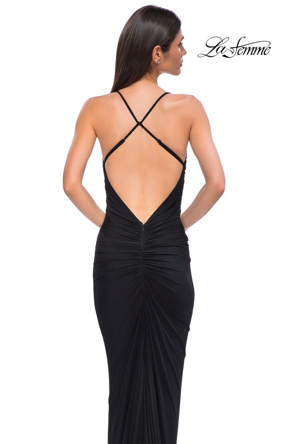 Picture of: Fitted Ruched Net Jersey Dress with Low Back in Black , Style 32834, Detail Picture 14