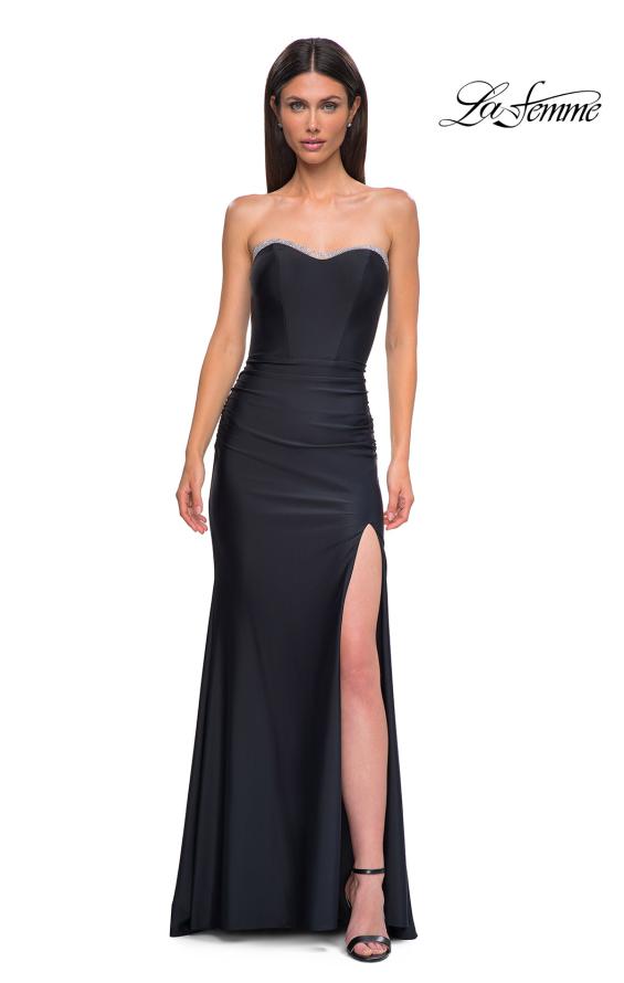 Picture of: Jersey Long Prom Dress with Ruching and Chic Rhinestone Neckline in Black , Style 32756, Detail Picture 15