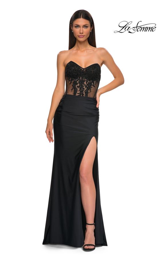 Picture of: Evening Dress with Illusion Strapless Bodice and Lace Applique in Black , Style 32912, Detail Picture 15