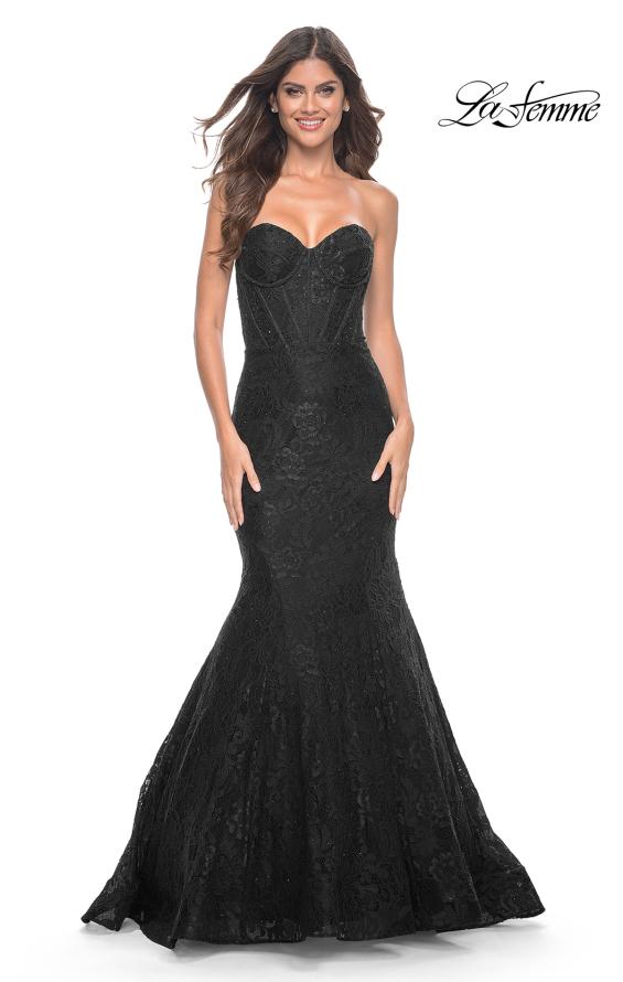 Picture of: Mermaid Stretch Lace Dress with Bustier Top and Sheer Back in Black, Style: 32249, Detail Picture 16