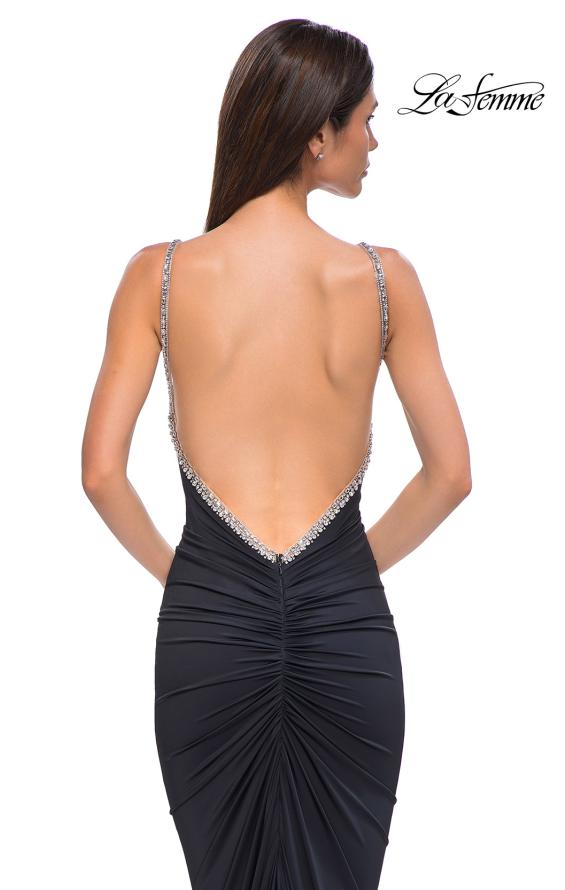 Picture of: Ruched Long Prom Dress with Low Back and Rhinestone Details in Black , Style 32970, Detail Picture 16