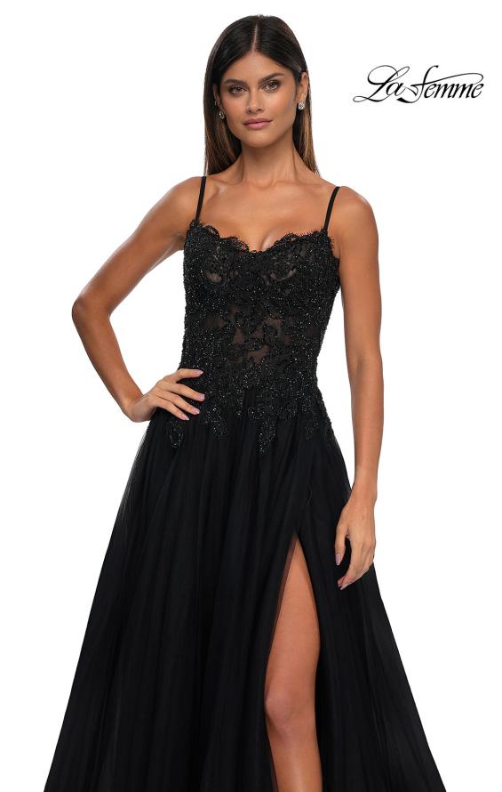 Picture of: Lace and Tulle A-line Prom Dress with High Slit in Black , Style: 32646, Detail Picture 17