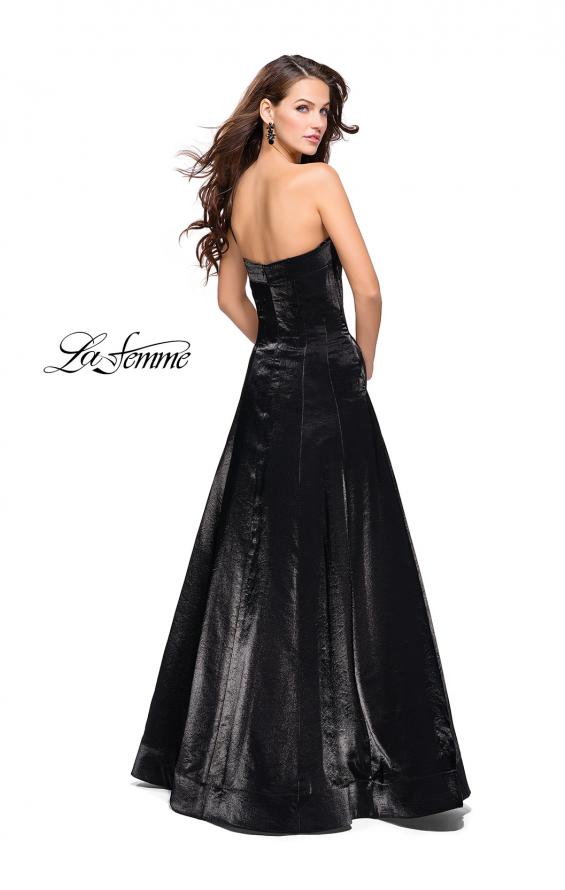 Picture of: Long Strapless Two-Tone Satin Ball Gown with Pockets in Black, Style: 25638, Back Picture