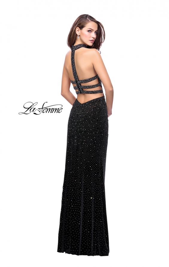 Picture of: Long Strapless Velvet Prom Gown with Cascading Beads in Black, Style: 26239, Back Picture