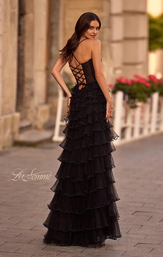 Picture of: Ruffle Prom Dress with Pearl Details and Sheer Top in Black , Style 32655, Back Picture