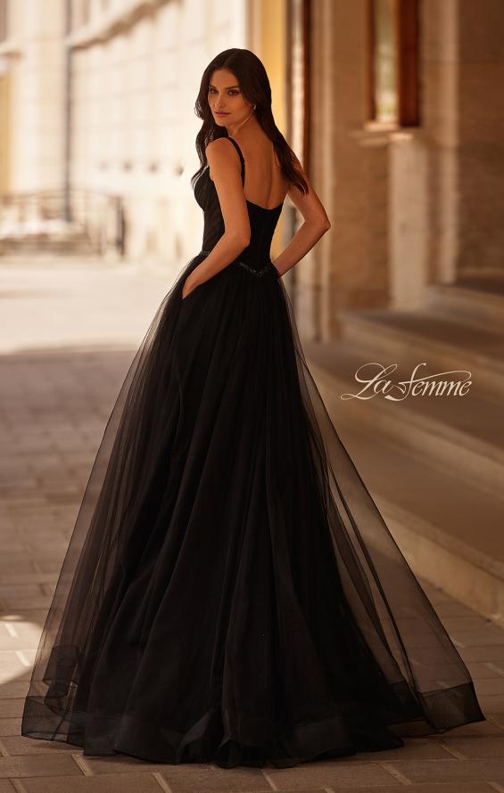 Picture of: A-line Prom Dress with Tulle Skirt and Rhinestone Belt in Black , Style 32656, Back Picture