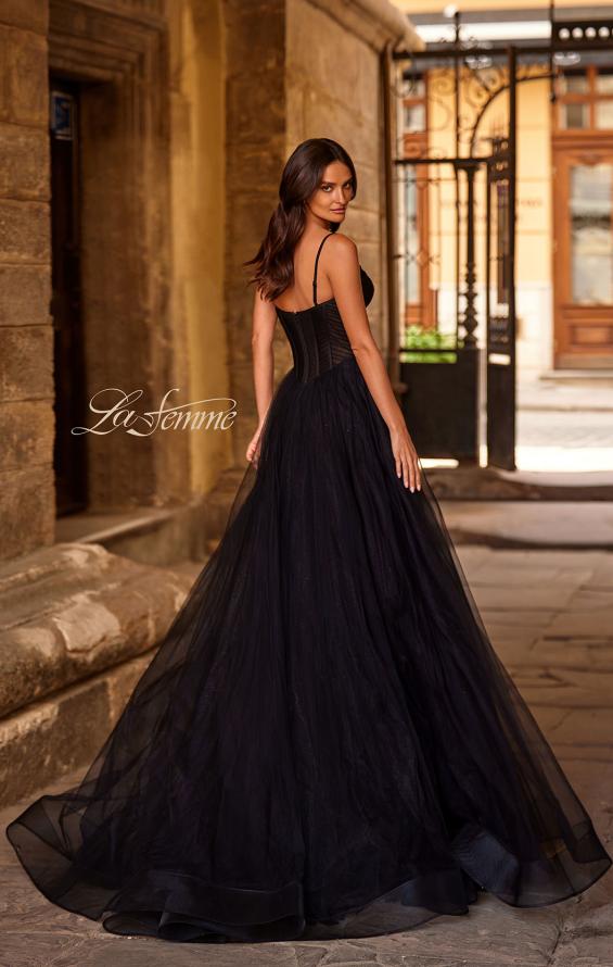 Picture of: Prom Dress with Sparkle Tulle and Ruched Corset Top in Black , Style 32680, Back Picture