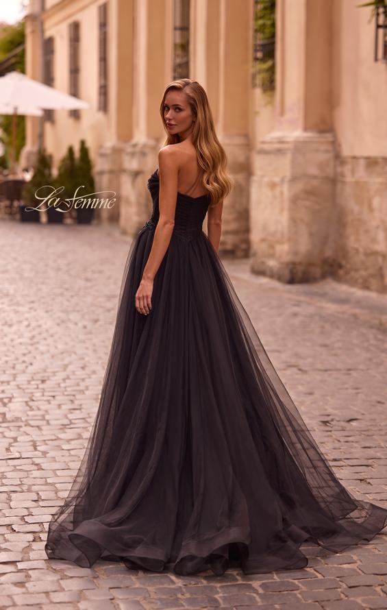 Picture of: Strapless A-line Tulle Dress with Floral Waist Detail in Black , Style: 32789, Back Picture