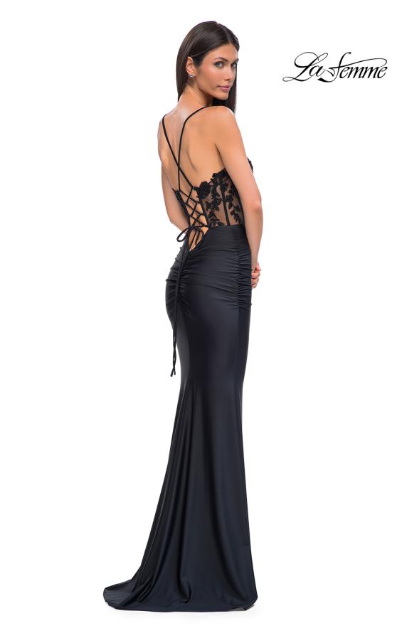 Picture of: Lovely Ruched Jersey Dress with Sequin Lace Beaded Bodice in Black , Style 32920, Back Picture