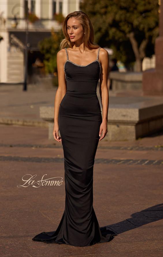 Picture of: Ruched Long Prom Dress with Low Back and Rhinestone Details in Black , Style 32970, Back Picture