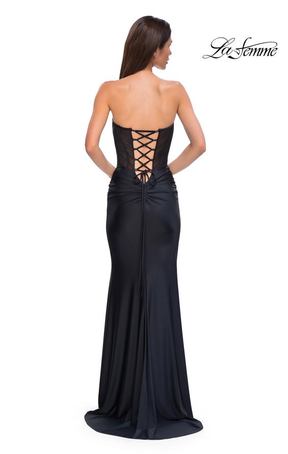 Picture of: Intricate Ruched Corset Bodice Prom Dress with Jersey Skirt in Black , Style 32971, Back Picture