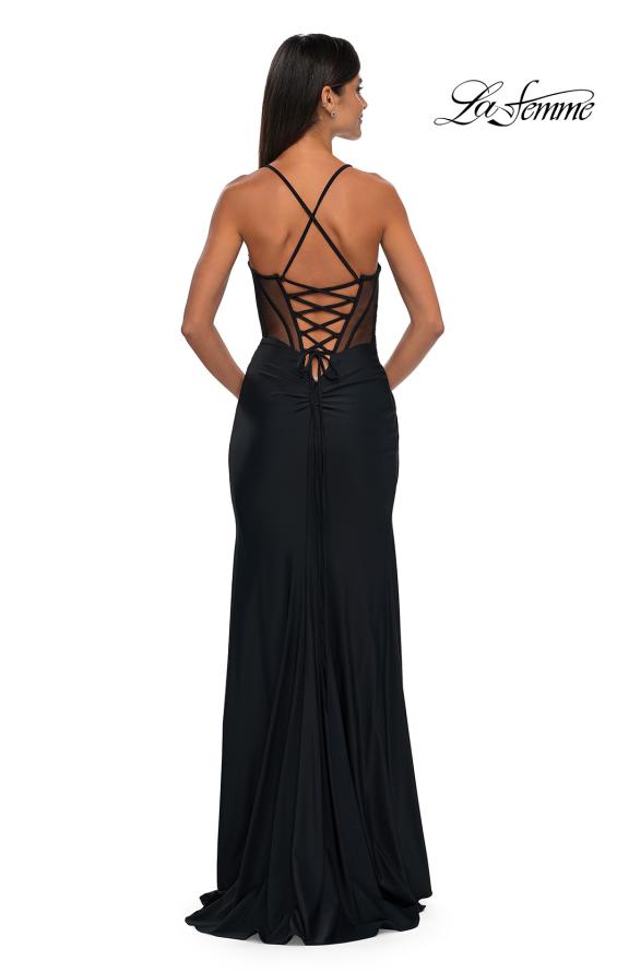 Picture of: Criss Cross Ruched Evening Dress with High Slit and Lace Up Back in Black , Style: 33115, Back Picture