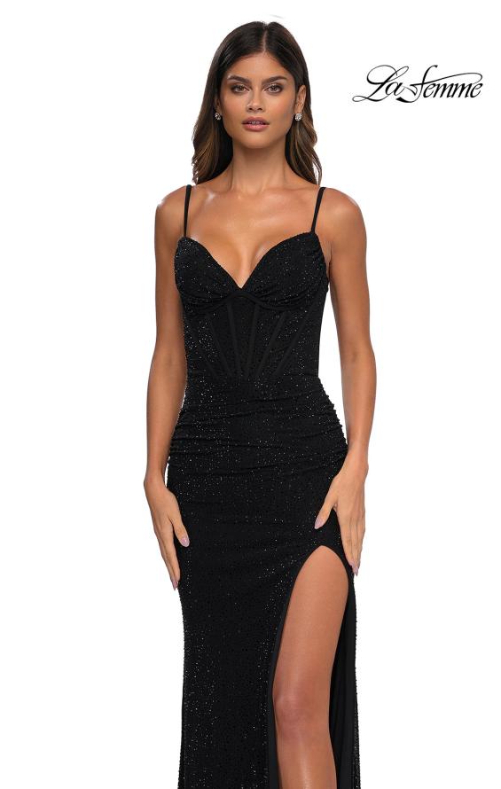 Picture of: Rhinestone Net Jersey Ruched Dress with Corset Top in Black, Style: 32753, Detail Picture 18