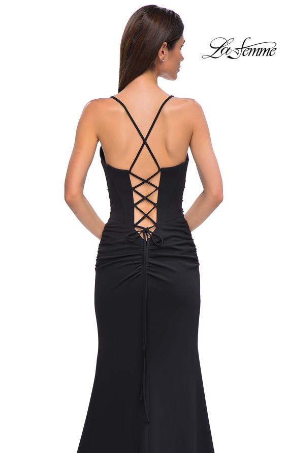 Picture of: Ruched Long Jersey Dress with Draped Rhinestone Neckline in Black , Style 32802, Detail Picture 18