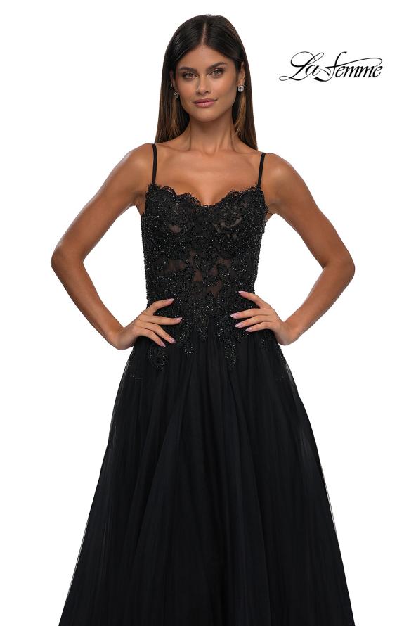 Picture of: Lace and Tulle A-line Prom Dress with High Slit in Black , Style: 32646, Detail Picture 19