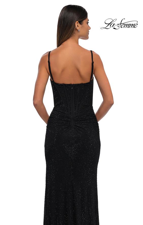 Picture of: Rhinestone Net Jersey Ruched Dress with Corset Top in Black, Style: 32753, Detail Picture 19