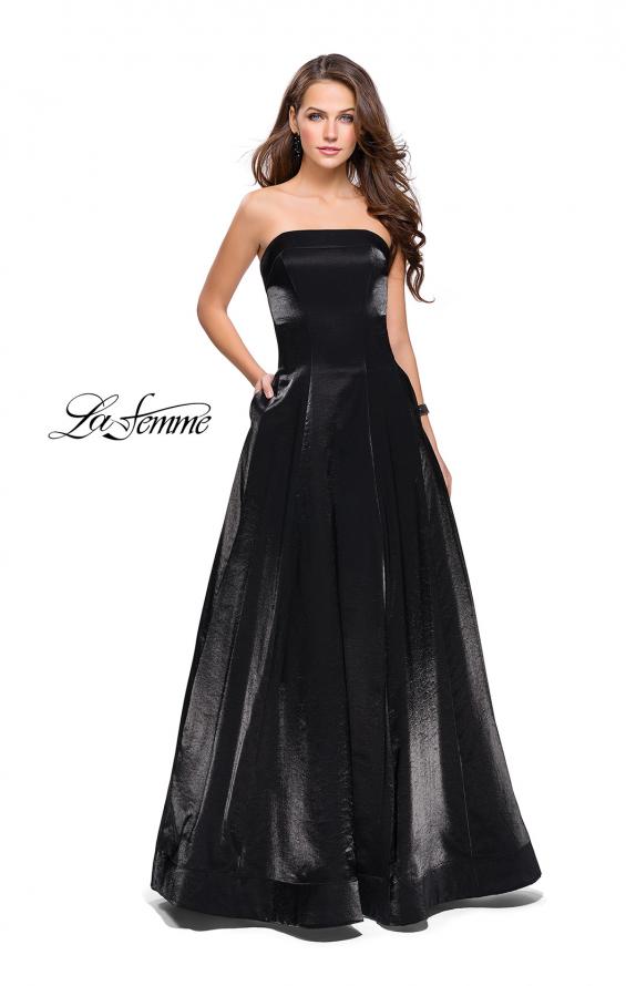 Picture of: Long Strapless Two-Tone Satin Ball Gown with Pockets in Black, Style: 25638, Detail Picture 1