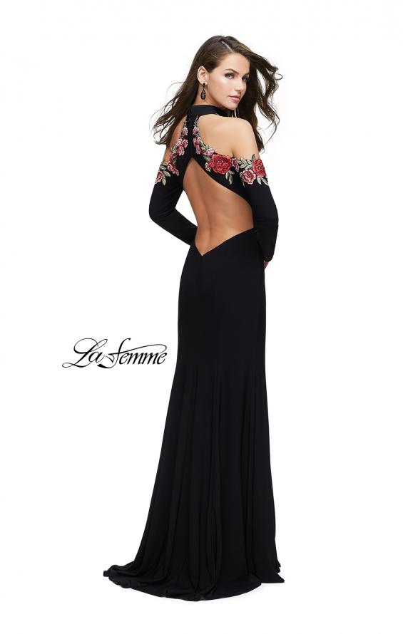 Picture of: Form Fitting Jersey Prom Dress with Floral Applique in Black, Style: 25807, Detail Picture 2