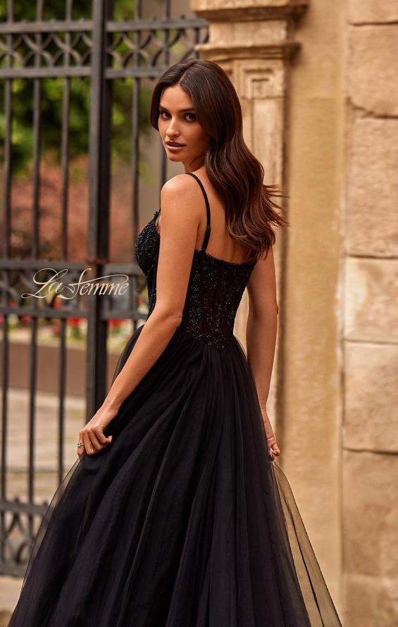 Picture of: Beautiful A-line Tulle Dress with Eyelet Neckline and Lace Top in Black , Style 32594, Detail Picture 2