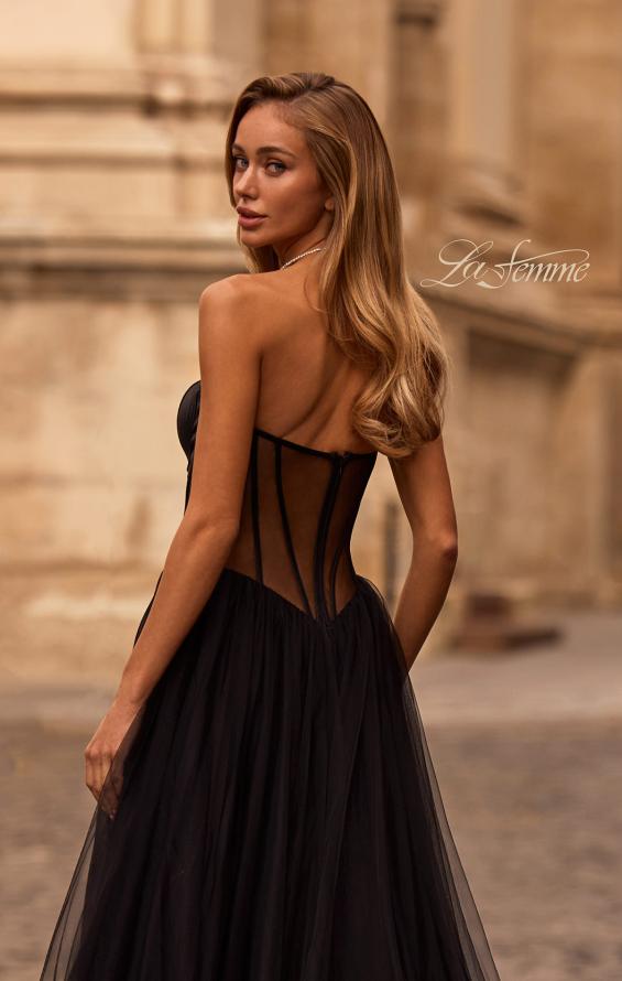 Picture of: Strapless Tulle Evening Dress with Basque Waist and Satin Bodice in Black , Style 32771, Detail Picture 2