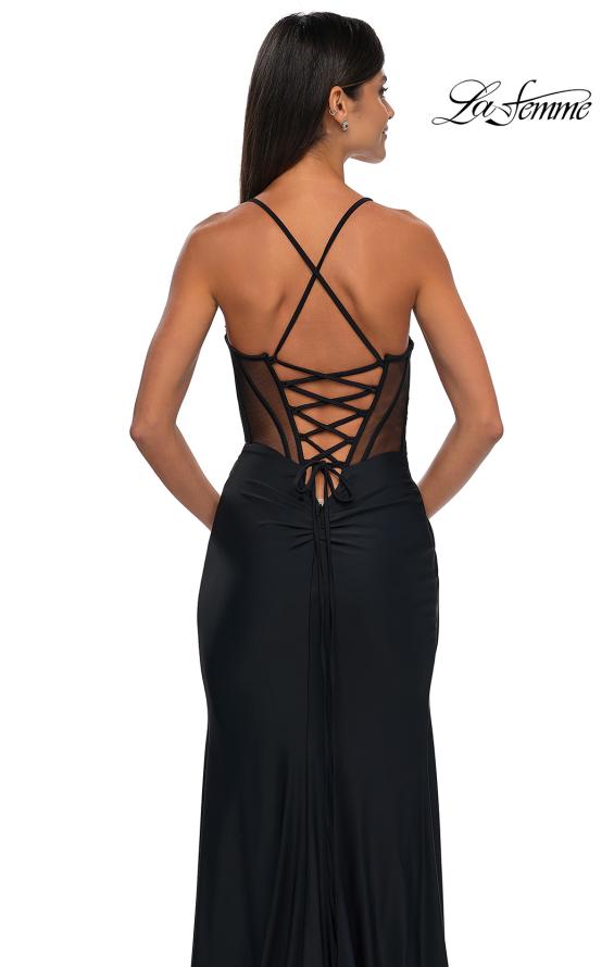 Picture of: Criss Cross Ruched Evening Dress with High Slit and Lace Up Back in Black , Style: 33115, Detail Picture 2