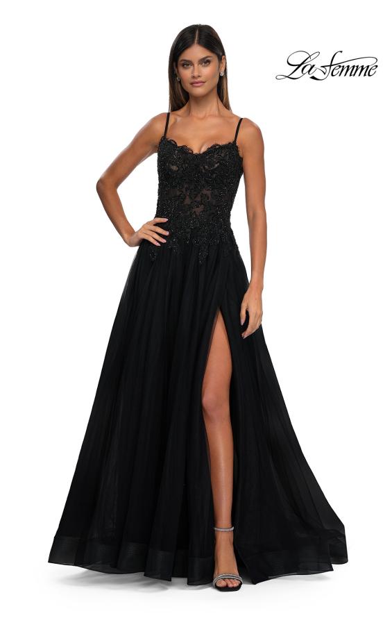 Picture of: Lace and Tulle A-line Prom Dress with High Slit in Black , Style: 32646, Detail Picture 3