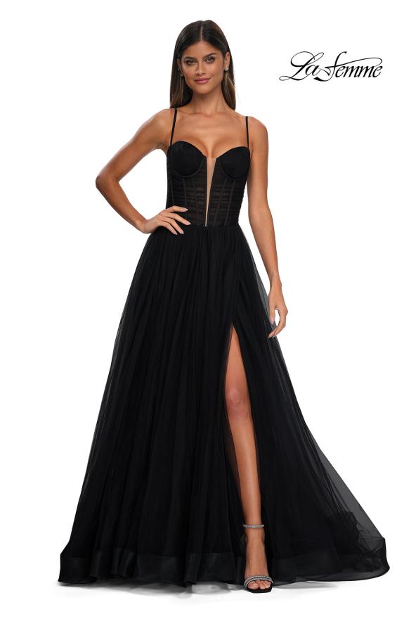 Picture of: Tulle Prom Dress with A-Line Skirt and Ruched Corset Top in Black, Style: 32700, Detail Picture 3