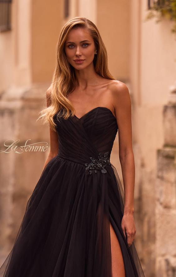 Picture of: Strapless A-line Tulle Dress with Floral Waist Detail in Black , Style: 32789, Detail Picture 3