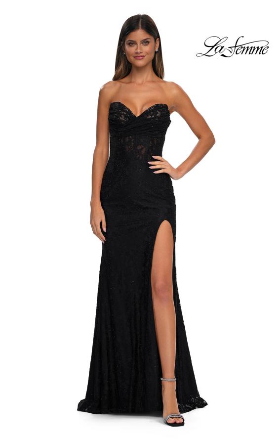 Picture of: Long Lace Prom Dress with Rhinestones and Lace Up Back in Black, Style: 33069, Detail Picture 3