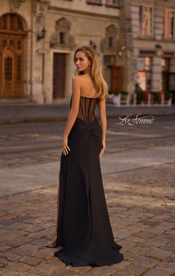 Picture of: Evening Dress with Illusion Strapless Bodice and Lace Applique in Black , Style 32912, Detail Picture 4