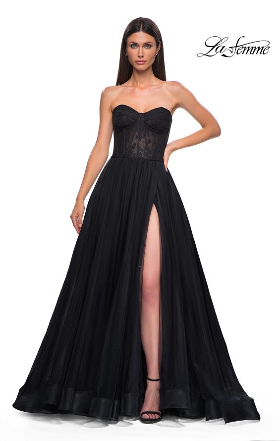 Picture of: A-line Tulle Gown with Lace Corset Bodice and Slit in Black , Style 32579, Detail Picture 5