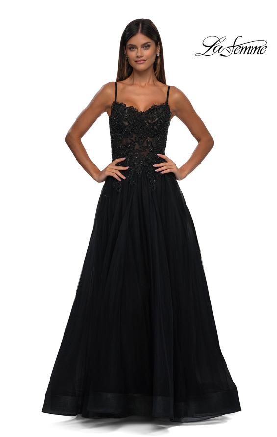 Picture of: Lace and Tulle A-line Prom Dress with High Slit in Black , Style: 32646, Detail Picture 5