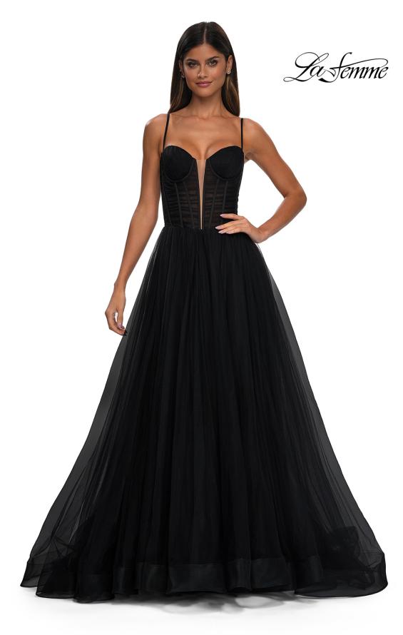 Picture of: Tulle Prom Dress with A-Line Skirt and Ruched Corset Top in Black, Style: 32700, Detail Picture 5