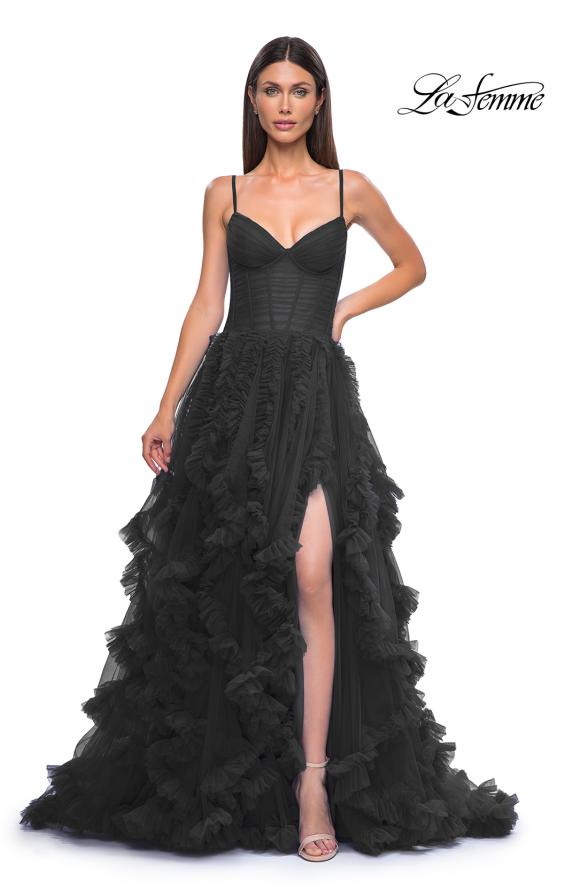 Picture of: Ruffle Tulle Dress with Unique Skirt and Illusion Corset Bodice in Black , Style 32719, Detail Picture 5