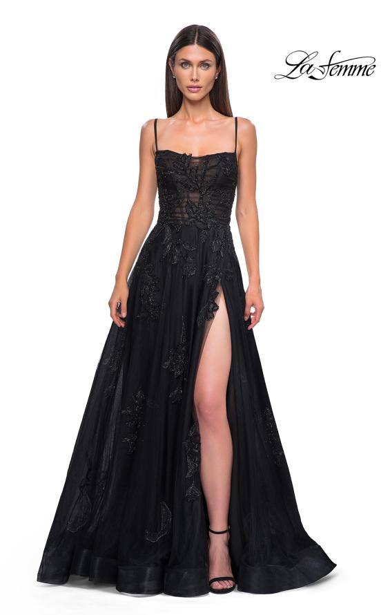 Picture of: Gorgeous A-line Tulle Gown with Beaded Floral Applique in Black , Style 32781, Detail Picture 5