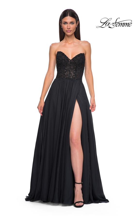 Picture of: Chiffon Gown with High Slit and Strapless Lace Top in Black , Style 32804, Detail Picture 5