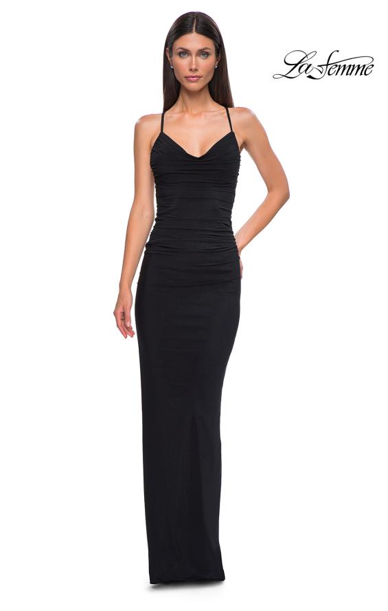 Picture of: Fitted Ruched Net Jersey Dress with Low Back in Black , Style 32834, Detail Picture 5