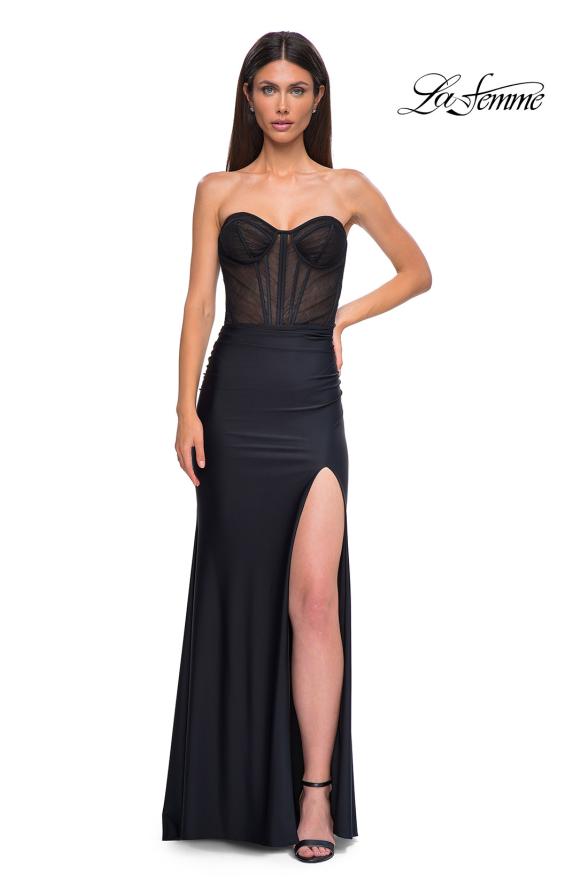 Picture of: Intricate Ruched Corset Bodice Prom Dress with Jersey Skirt in Black , Style 32971, Detail Picture 5