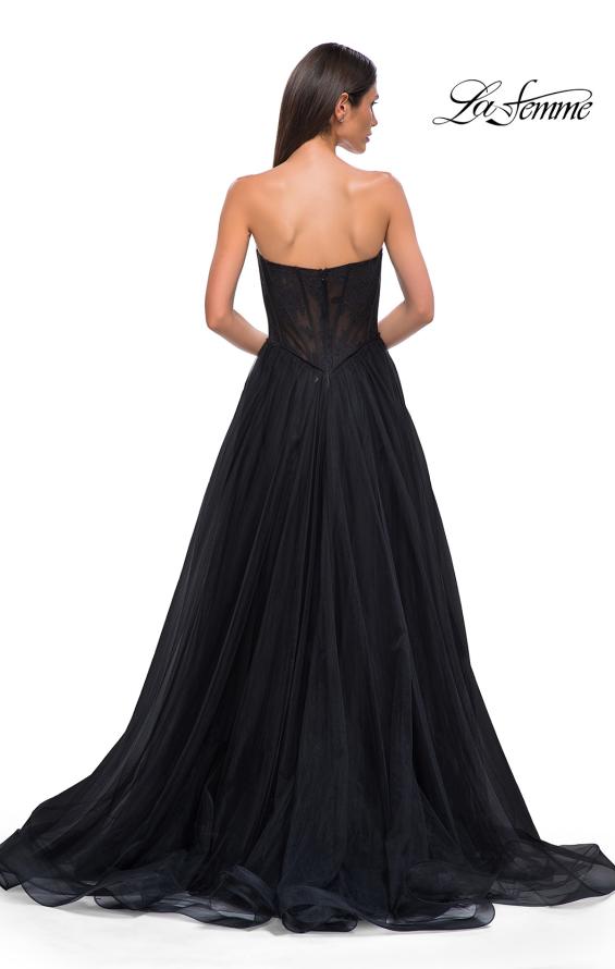 Picture of: A-line Tulle Gown with Lace Corset Bodice and Slit in Black , Style 32579, Detail Picture 6