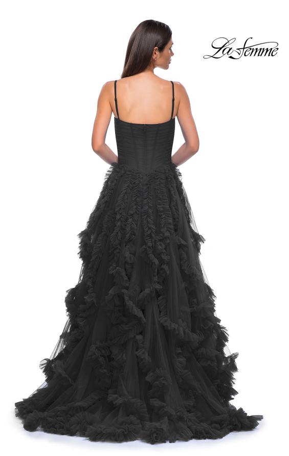 Picture of: Ruffle Tulle Dress with Unique Skirt and Illusion Corset Bodice in Black , Style 32719, Detail Picture 6