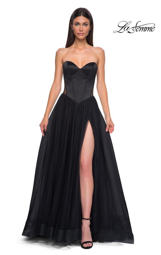 Picture of: Strapless Tulle Evening Dress with Basque Waist and Satin Bodice in Black , Style 32771, Detail Picture 6