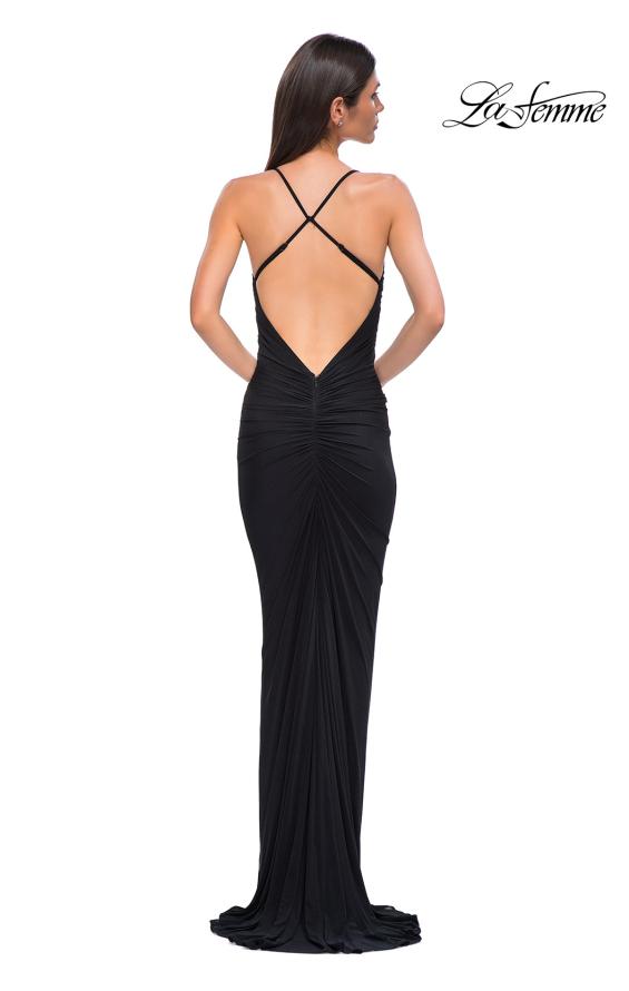 Picture of: Fitted Ruched Net Jersey Dress with Low Back in Black , Style 32834, Detail Picture 6