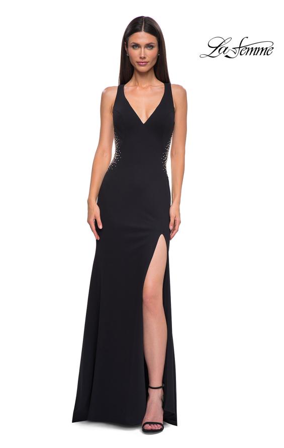 Picture of: Open Back Evening Dress with Rhinestone Embellished Sides and Back in Black , Style 32922, Detail Picture 6