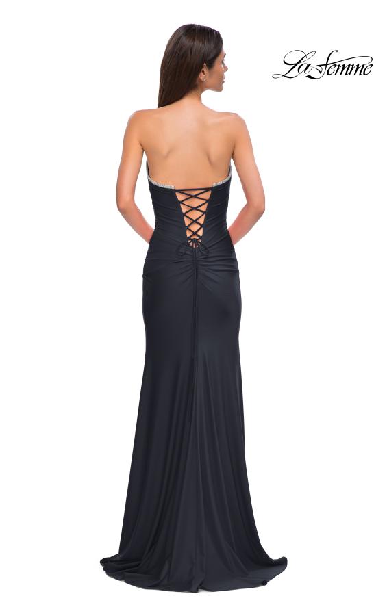 Picture of: Strapless Jersey Dress with Lace Up Back and Rhinestone Neckline in Black , Style 32931, Detail Picture 6