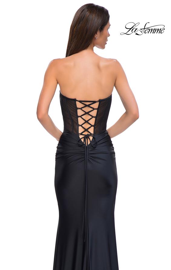 Picture of: Intricate Ruched Corset Bodice Prom Dress with Jersey Skirt in Black , Style 32971, Detail Picture 6